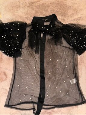 Fashion Nova Black Sheer Mesh Blouse with Pearl Accents